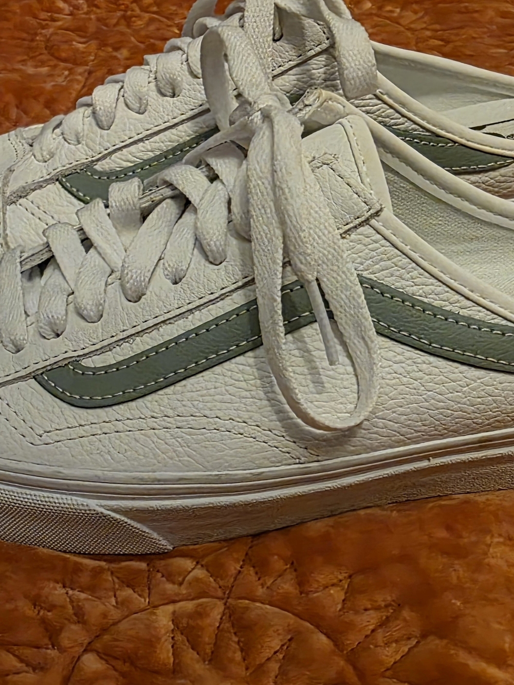 Vans Women's White Leather Sneakers with Sage Side Stripe